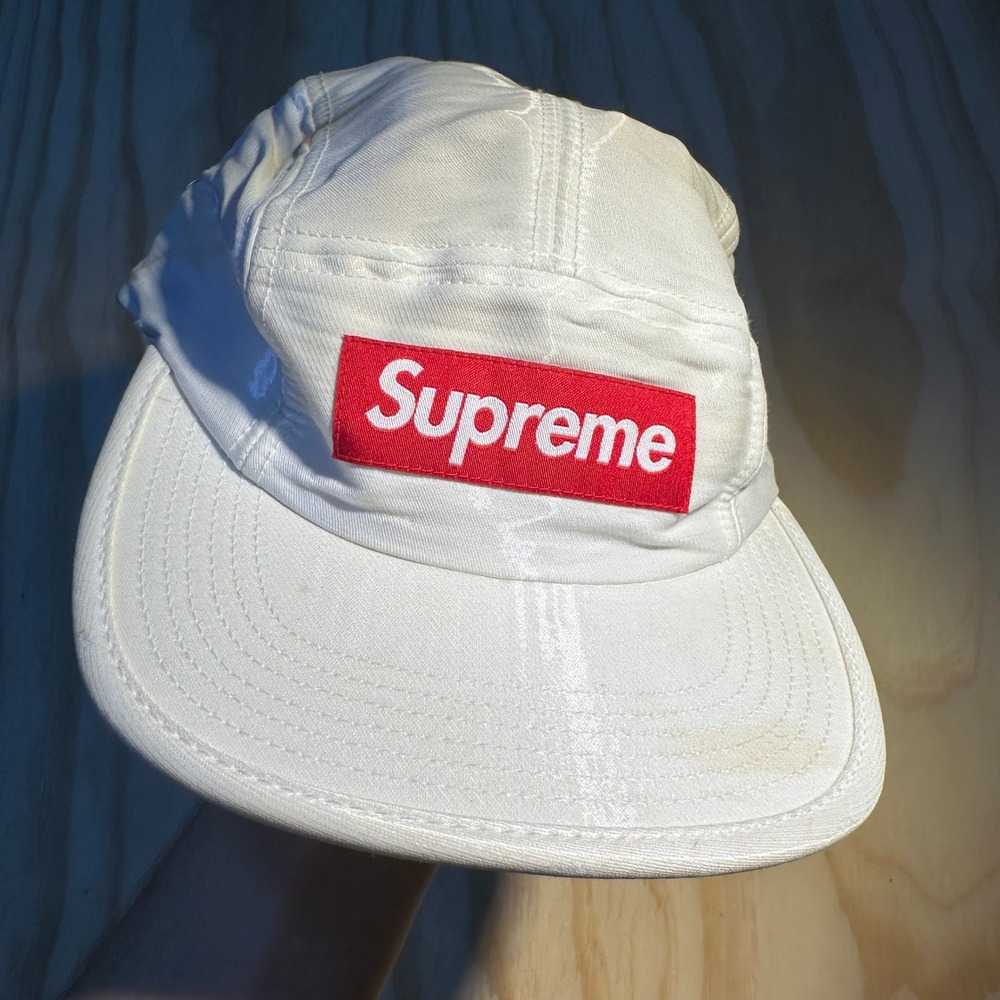 Supreme Mens White Red Box Logo 5-Panel Camp Cap Adjustable Hat Made in USA